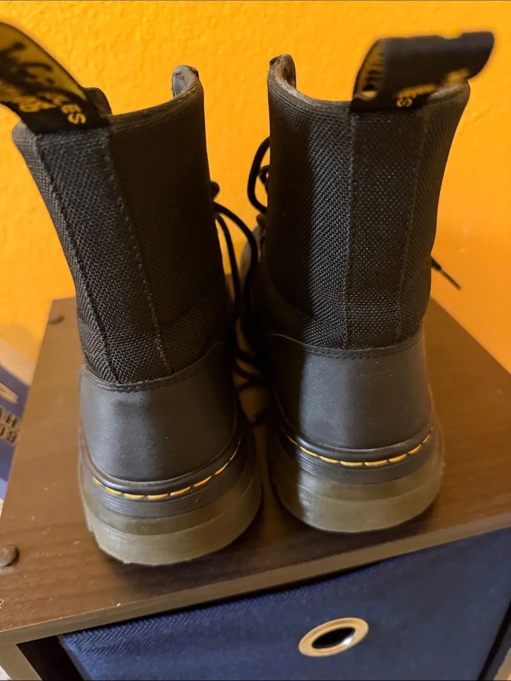 Dr. Martens Black Canvas Combat Boots with Yellow Heel Loop Good condition 8M